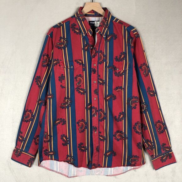 VTG WRANGLER Brushpopper Western Shirt Sz 16.5-36 Striped Paisley Cowboy USA - Picture 1 of 11